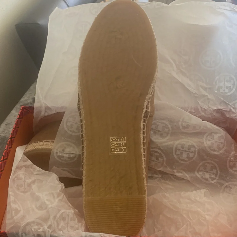 These are Tory Burch Suede Ines Espadriles, size 10 in the color Almond Flour.